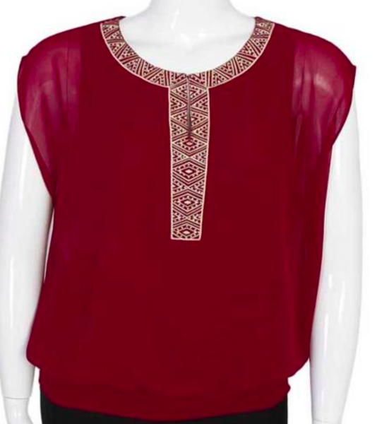 Red Embroidered Neck Blouse - FantasticFit Boutique